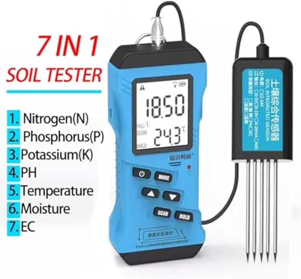 7-in-1 Soil Tester Kit - pH, Moisture, Nutrient, Conductivity, Phosphorus, Potassium, NPK - Accurate Gardening & Farming Soil Health Meter, Easy to Use, Essential for Plant Care