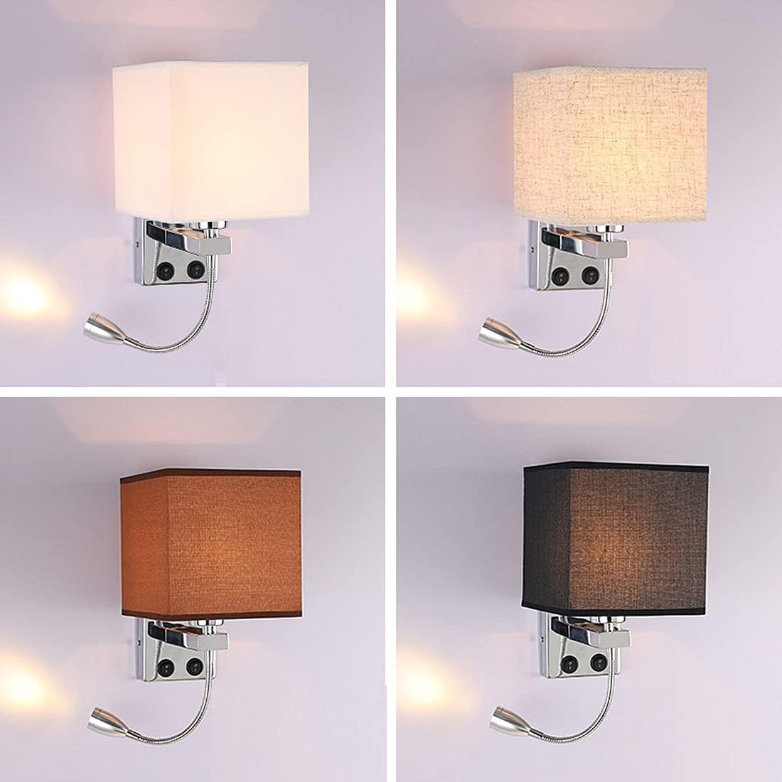 Wall Lamps with LED Reading Light, Bedside Sconce with Switch, Lamp Fabric Lampshade with 2 Points, Adjustable Indoor Spotlights, Brown