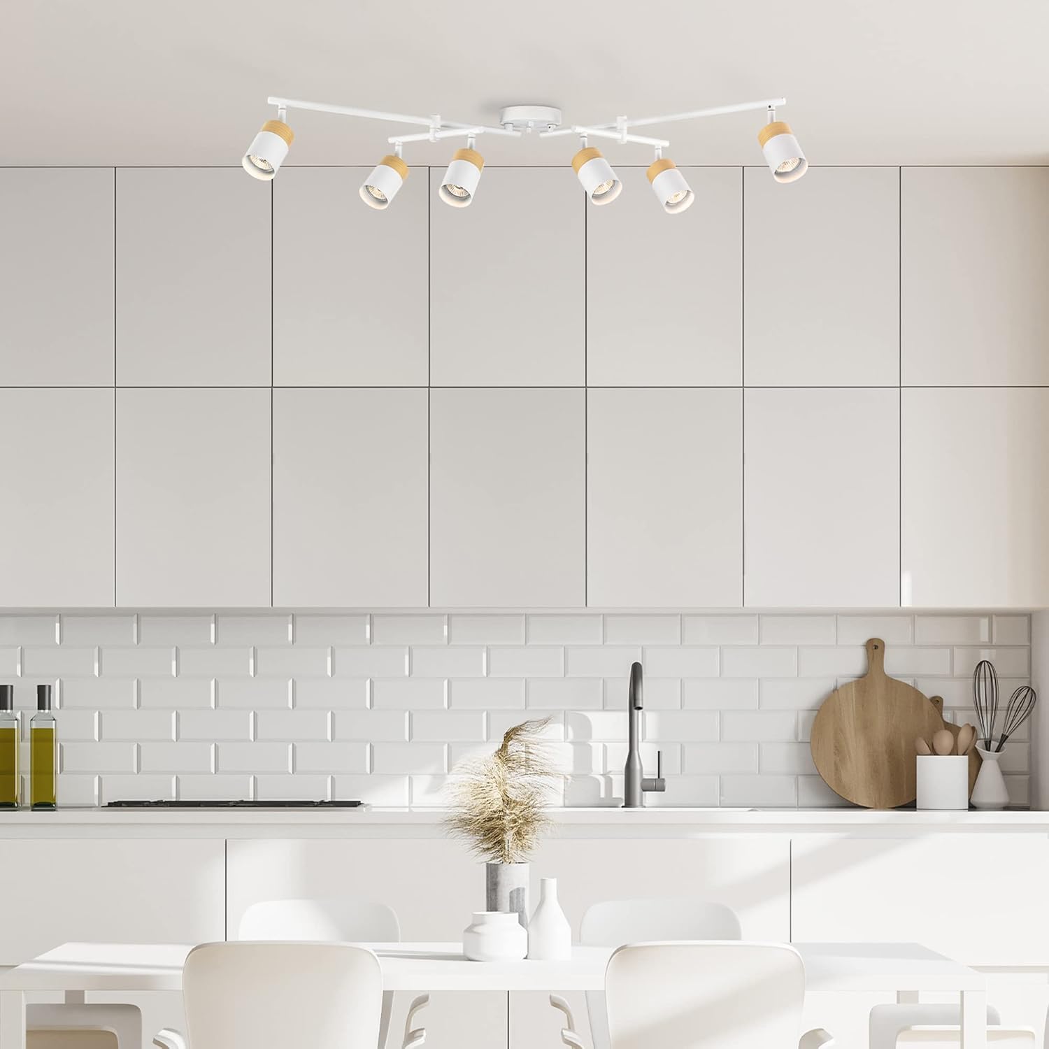 Globe Electric 64000055 42' 6-Light Track Lighting, Double Center Swivel Bar, Matte White, Wood Toned Accents, Ceiling Light, Pivot Shades, 6 Bulb, Kitchen Lights, GU10 Sockets