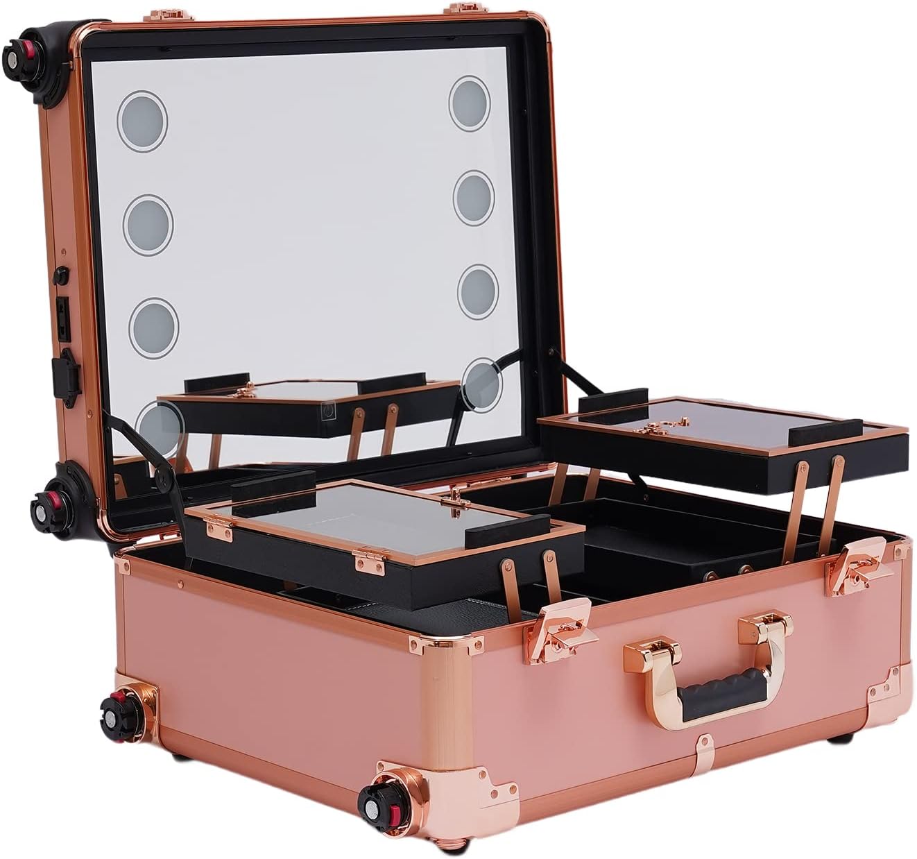 3-Tier Rolling Makeup Train Case, Aluminum Salon Cosmetic Trolley Organizer with LED Light & Mirror & 4 Wheels Adjustable Height Professional Large Storage Travel Beauty Luggage Rose Gold