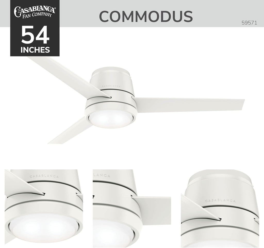 Casablanca 54 inch Indoor Ceiling Fan with LED Light - Low Profile Flush Mount, White Ceiling Fan for Bedroom, Living Room, or Kitchen, Wall Control, 3 Blades - Commodus 59571, Fresh White
