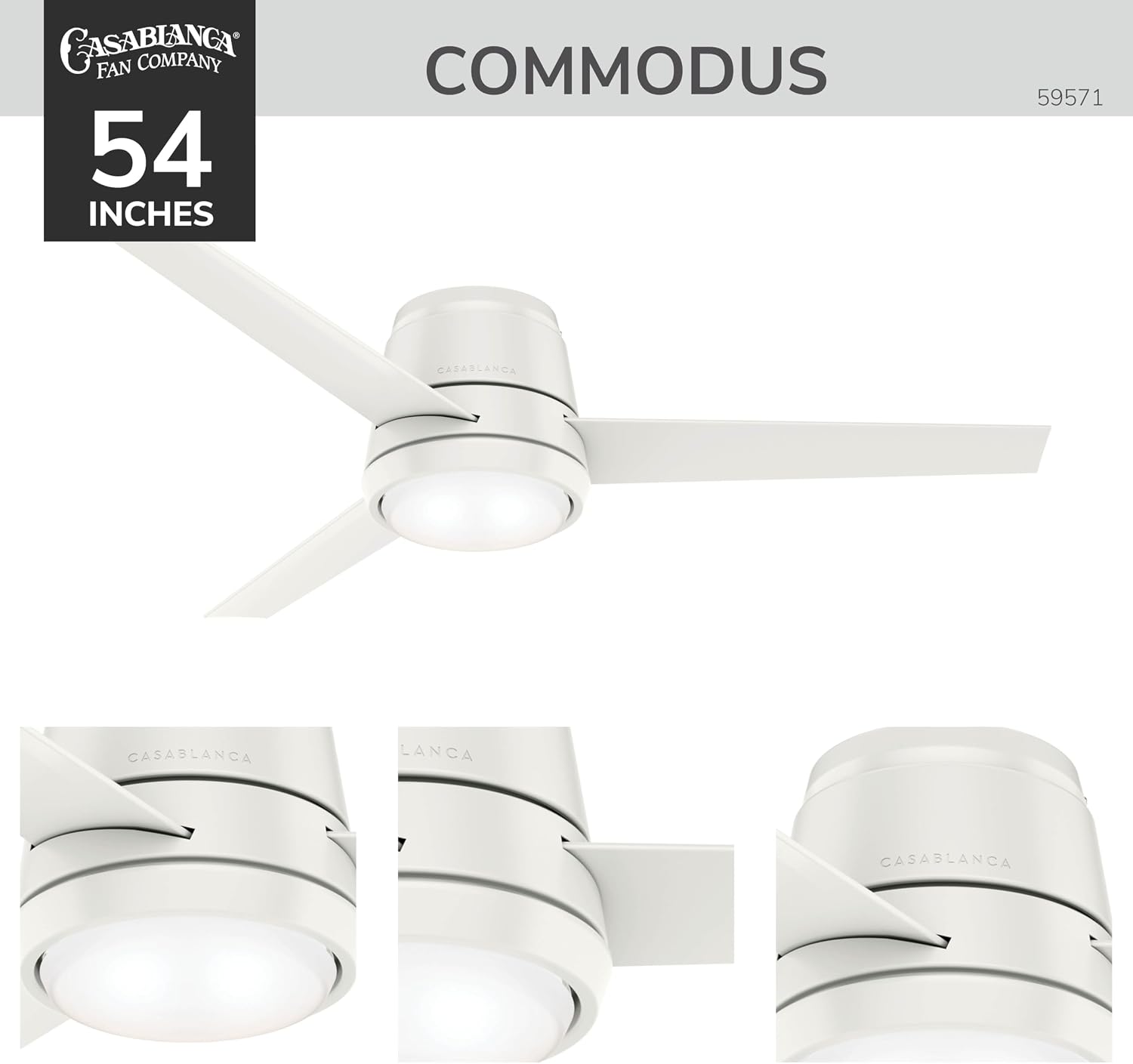 Casablanca 54 inch Indoor Ceiling Fan with LED Light - Low Profile Flush Mount, White Ceiling Fan for Bedroom, Living Room, or Kitchen, Wall Control, 3 Blades - Commodus 59571, Fresh White