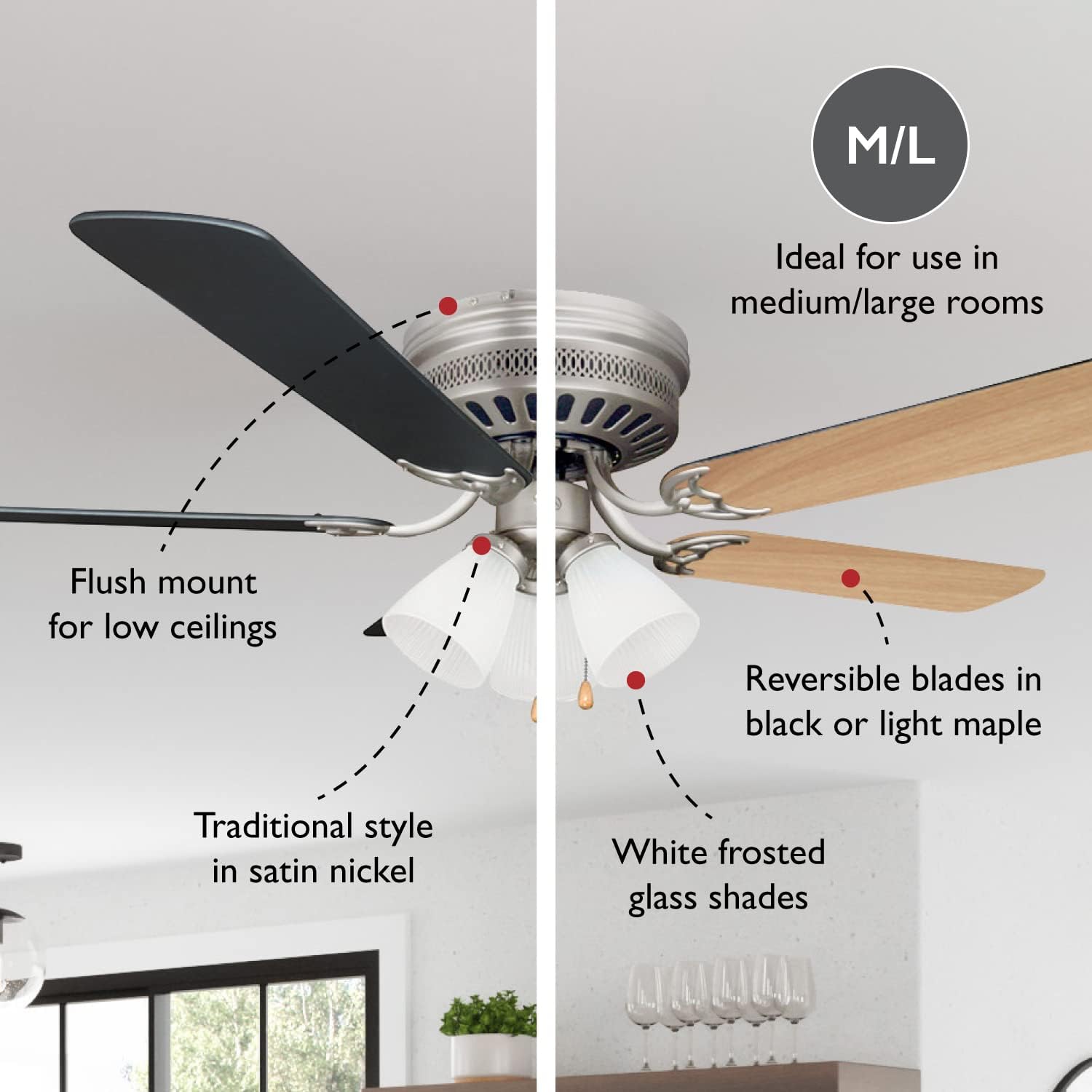 Design House Millbridge 52-Inch Hugger Ceiling Fan with LED Light Kit, 5 Reversible Blades, 3-Speed, Satin Nickel – Design House, 157388-SN
