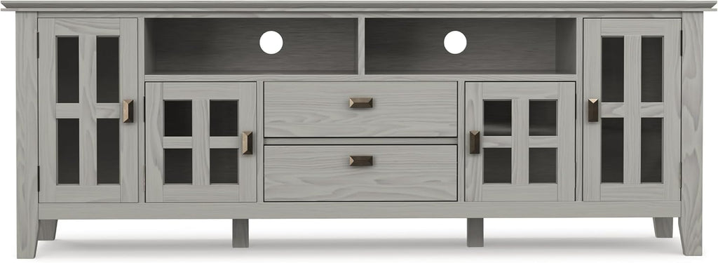 SIMPLIHOME Artisan TV Stand - 72 inch Wide Solid Wood Media Console in Fog Grey, Contemporary Entertainment Center for Living Room for TVs up to 80 Inches with Glass Cabinets and Cable Management