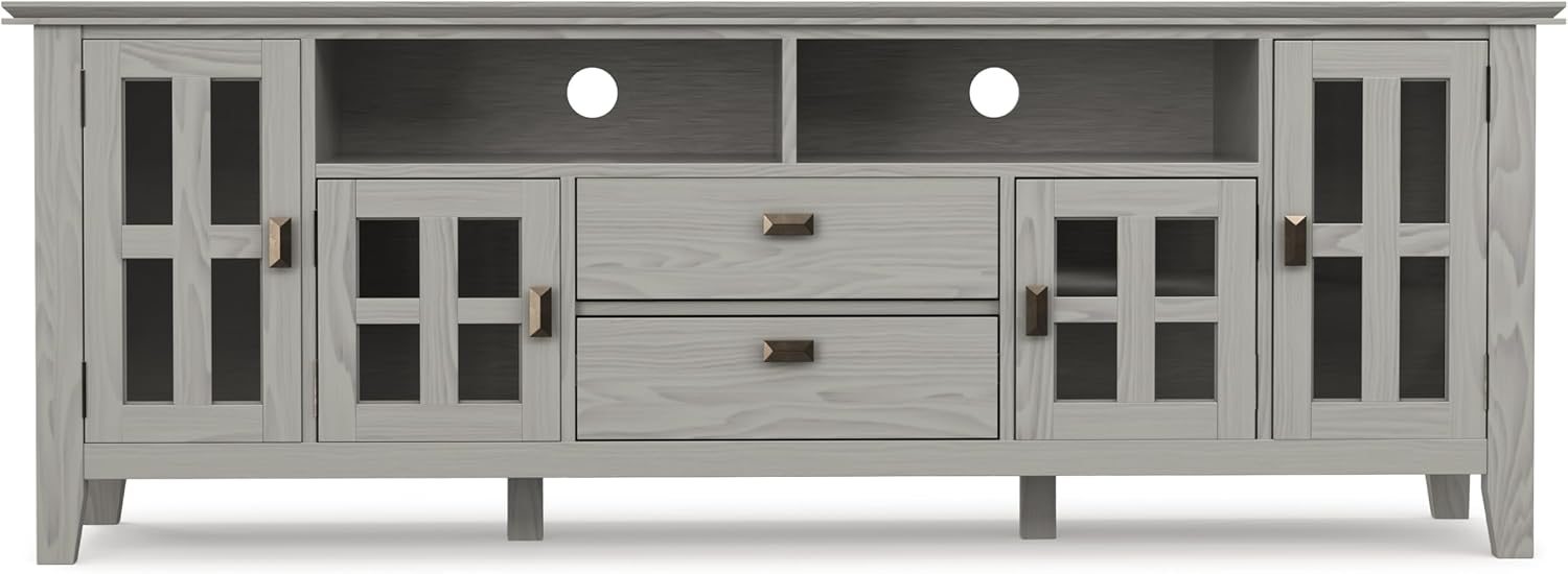 SIMPLIHOME Artisan TV Stand - 72 inch Wide Solid Wood Media Console in Fog Grey, Contemporary Entertainment Center for Living Room for TVs up to 80 Inches with Glass Cabinets and Cable Management