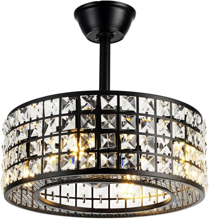 Crystal Ceiling Fan with Light and Remote, Black Caged Chandelier Fan 3 Speeds Timer Industrial Bladeless Dimmable Fandelier for Bedroom Dinning Room