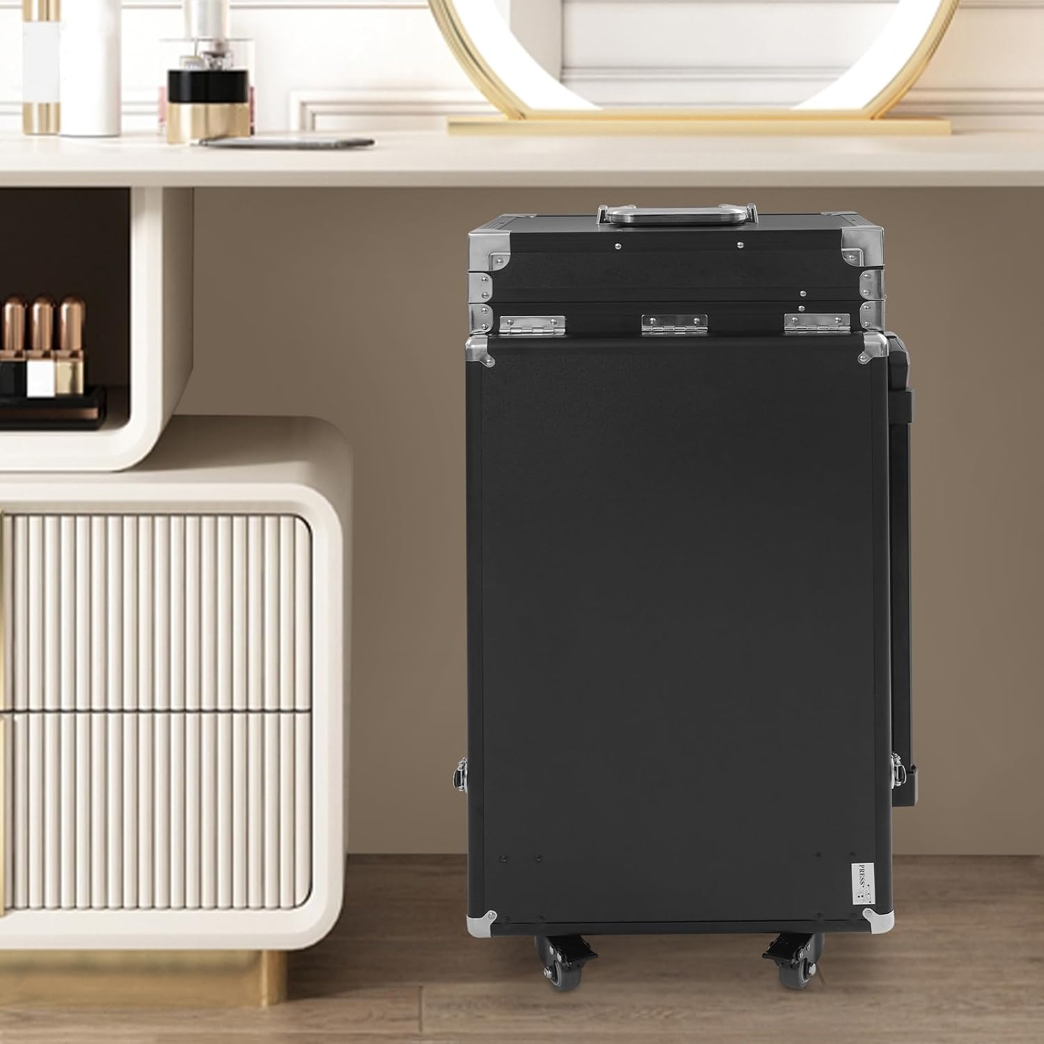 Professional Rolling Makeup Case, Foldable Nail Tables with Lock, Travel Cosmetic Trolley Storage Organizer with Drawers & 2 Foldable Tabletops, Manicure for Artist (Black 2)