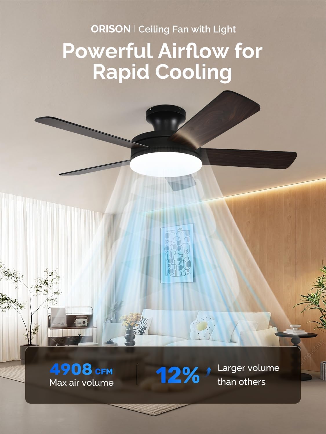 Orison Ceiling Fans with Lights, 45 Inch Low Profile Ceiling Fan with Light and Remote/APP Control, RGB Backlight & LED 3CCT Dimmable, DC Reversible Motor, 6 Speeds, 5 Reversible Blades