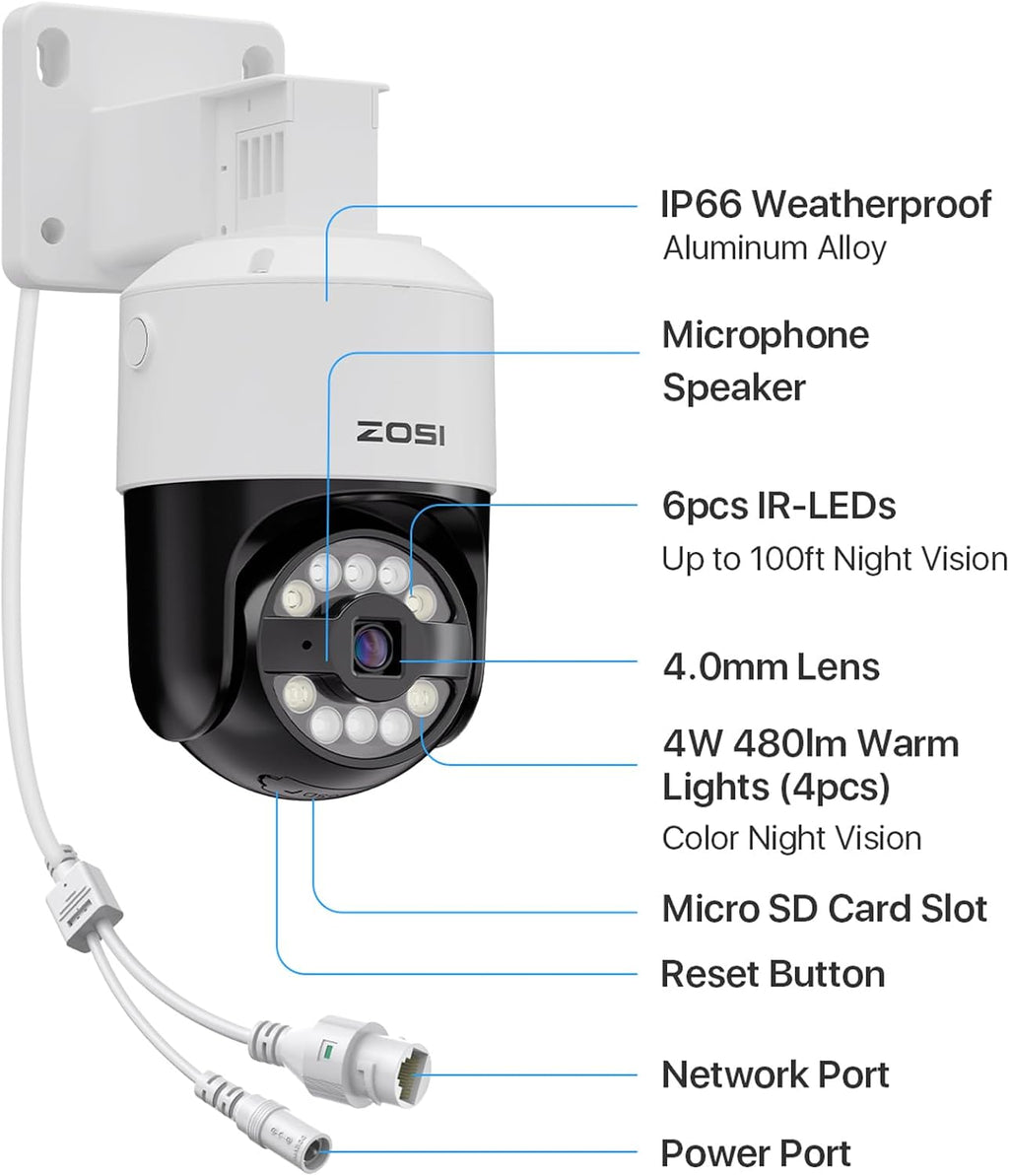 ZOSI 4K 32 Channel PT PoE Security Camera System, Auto Human Tracking, Person Vehicle Detection, 2 Way Audio, 20pcs 8MP Pan/Tilt Spotlight Outdoor Cameras, 32CH 4K NVR with 8TB HDD for 24/7 Recording