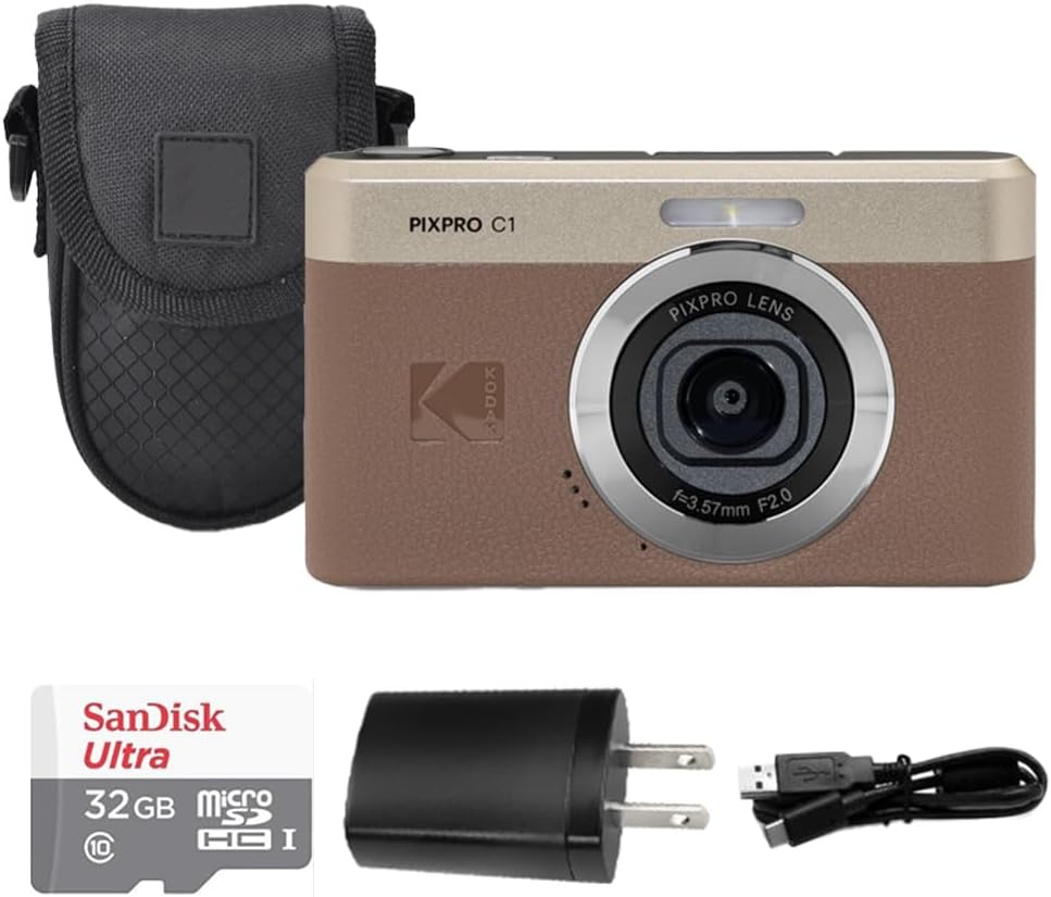 Kodak PIXPRO C1 Digital Camera, 13MP Compact Point & Shoot, 2.8″ 180° Flip LCD Screen, 26mm Wide Angle Lens, 4X Digital Zoom, 1080P Full HD Video, Brown + Camera Case & 32GB Micro SD Card