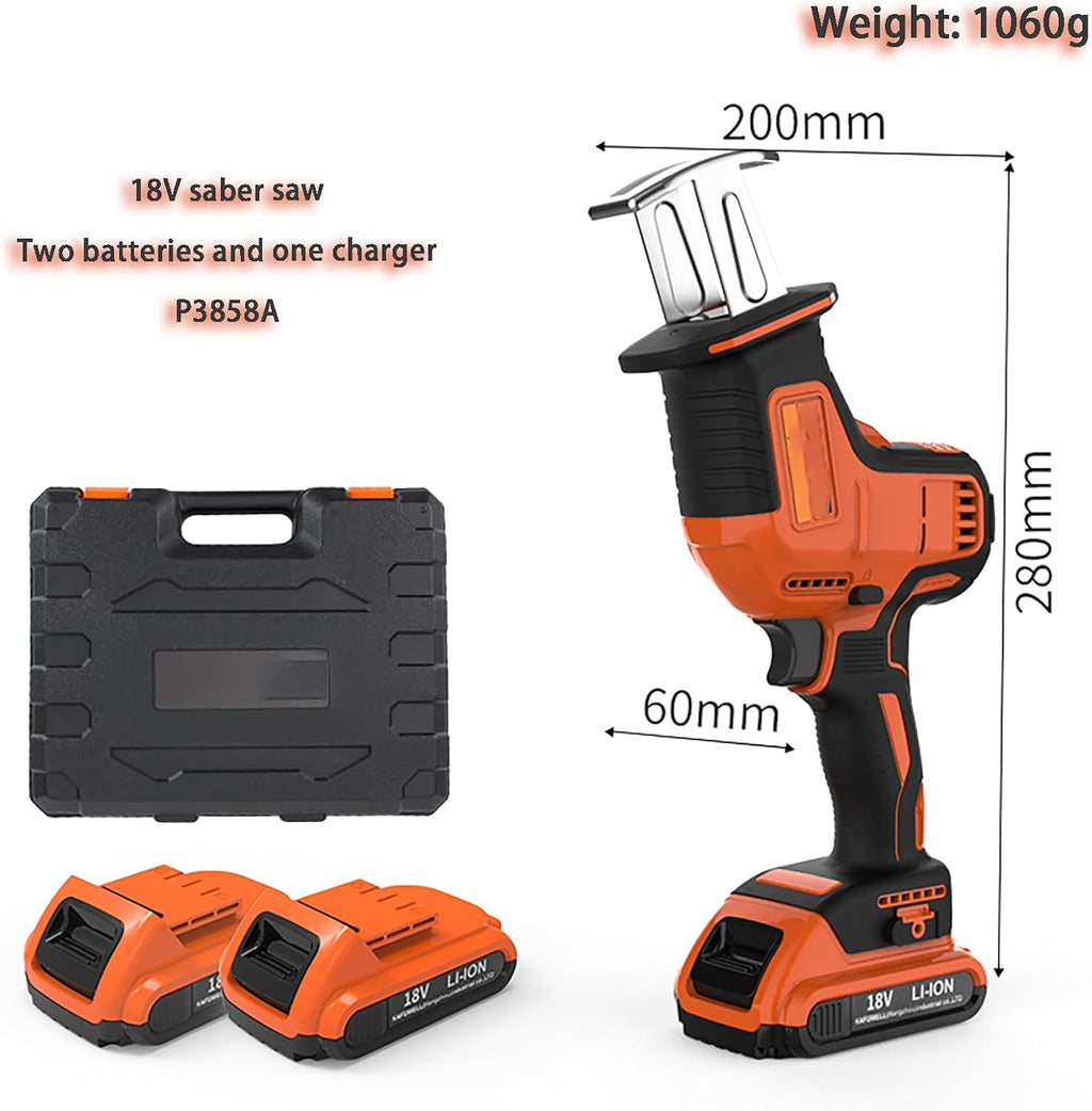 Powerful Reciprocating Saw - Variable Speed Electric Cordless Sabre Saw, 2 Batteries & Charger, With 6 Blades For Metal And Wood Cutting Pruning