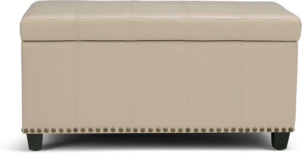 SIMPLIHOME Amelia Storage Ottoman - 33 inch Wide Vegan Leather Rectangle Storage Ottoman Bench in Satin Cream, Transitional Ottoman for Living Room with Nailhead Trim and Lift-Up Lid