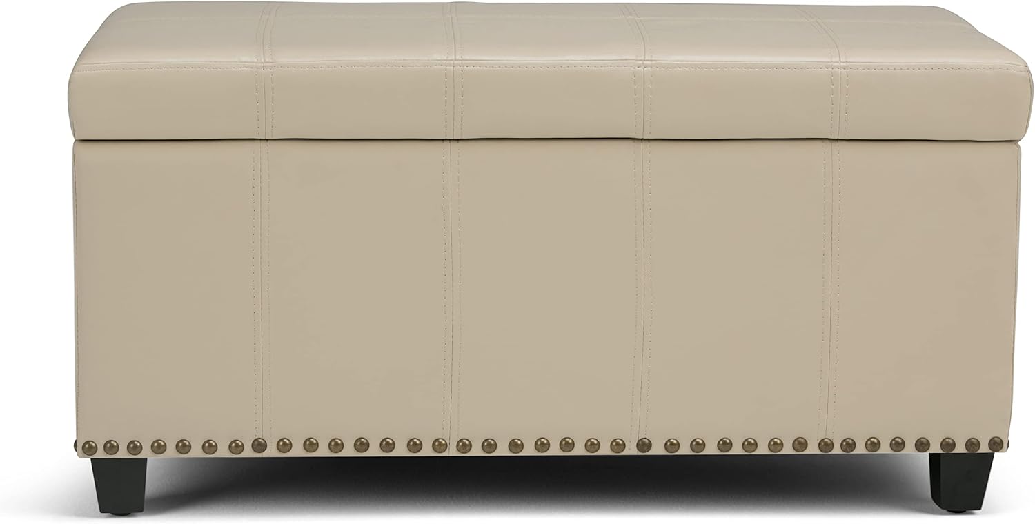 SIMPLIHOME Amelia Storage Ottoman - 33 inch Wide Vegan Leather Rectangle Storage Ottoman Bench in Satin Cream, Transitional Ottoman for Living Room with Nailhead Trim and Lift-Up Lid