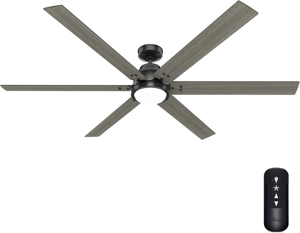Hunter 72 inch Indoor Ceiling Fan with LED Light and Remote Control - Black Smart Ceiling Fan, Standard Mount, 6 Blades, for Bedroom or Living Room, Quiet - Gravity 51950, Matte Black