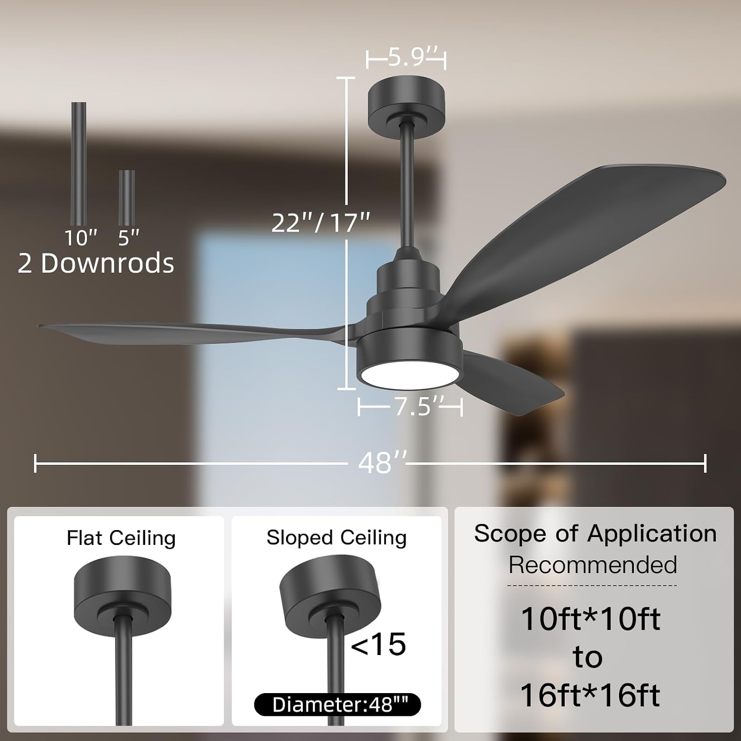 CACI Mall 48 inch Smart Ceiling Fans with Lights, Black, Low Profile, Modern, 3 Blades, Solid Wood, Remote Control, Work with Alexa/Google, Outdoor Indoor Ceiling Fans for Patio Living Room Bedroom