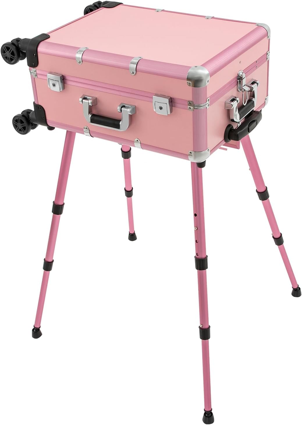 20' Aluminum Trolley Makeup Train Case with Mirror &LED Lights, Professional Cosmetic Organizer Makeup Suitcase with Wheels, Portable Makeup Vanity Rolling Vanity Makeup Station for Travel (Pink)