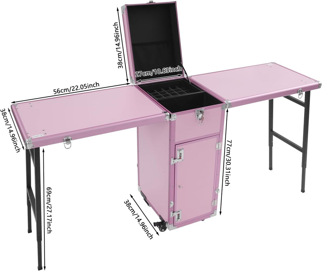 Professional Rolling Makeup Case, Foldable Nail Tables with Wheel, Travel Cosmetic Trolley Storage Organizer with Drawers, Manicure for Artist