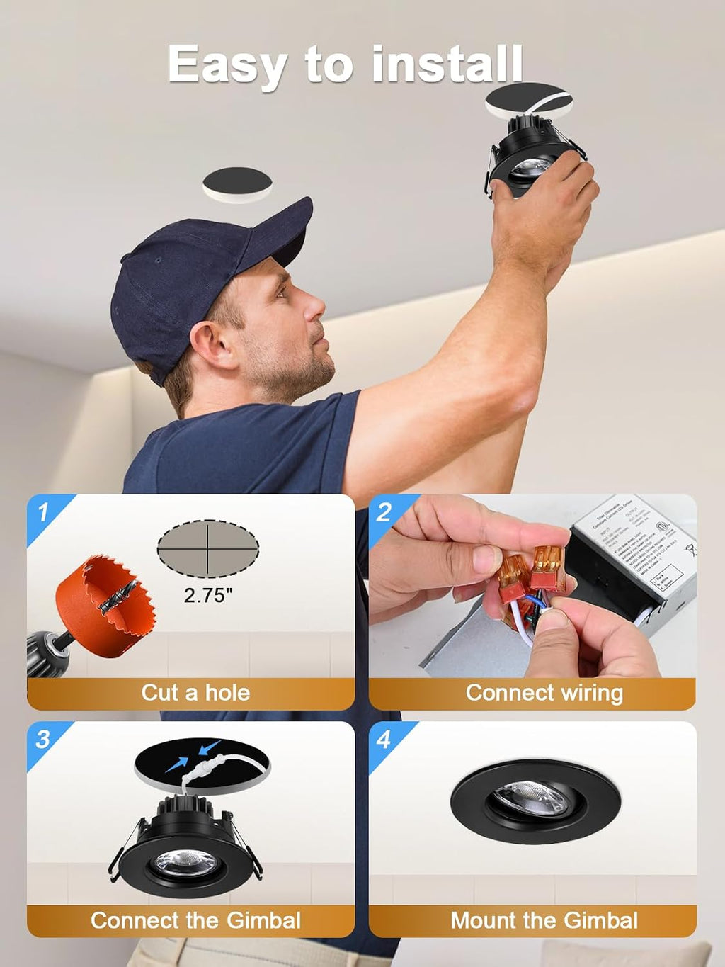 POPANU Premium 3-Inch Gimbal LED Recessed Light Canless Downlight Rotatable Spotlight with Junction Box, Eyeball Ceilling Potlight, Dimmable, 8W 5CCT Adjustable, Black Round Trim, 12 Pack