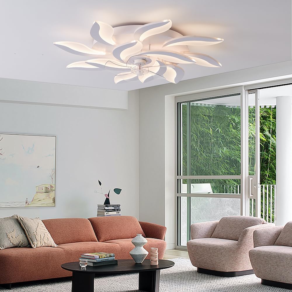 39' Modern Ceiling Fan with Lights and Remote Control, 3 Color temperatures Dimmable 6 Gear Wind Speed, LED Flush Mount Low Profile Fan Light,Bladeless Ceiling Fan with Smart Timing 120W