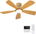 42 Inch Flush Mount Ceiling Fans with Lights and Remote, Dimmable, 5 Blades Wood Ceiling Fan with Light, Low Profile Outdoor Indoor Modern Ceiling Fan for Bedroom Patio (Gold)
