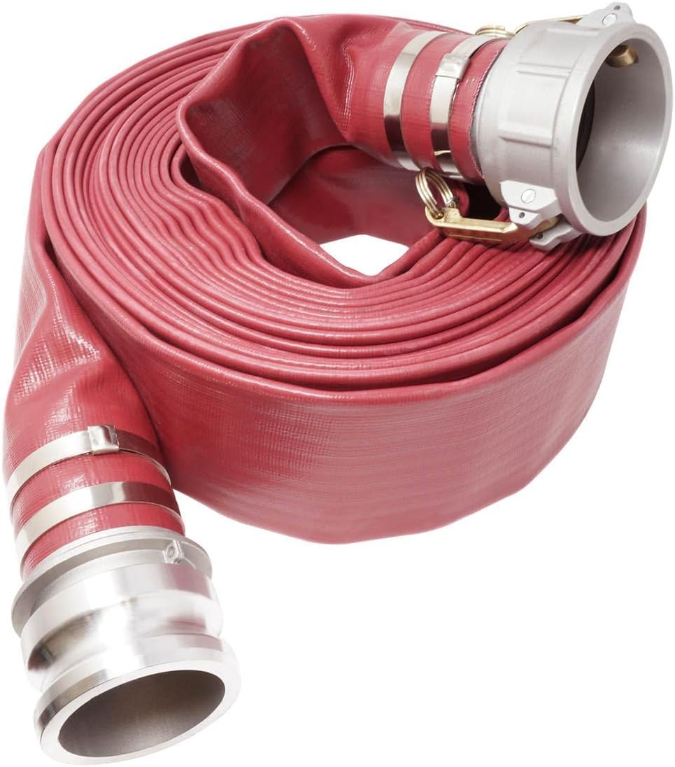 Gloxco 6' x 50′ Red Heavy Duty Lay Flat PVC Discharge Hose Assembly with Aluminum Cam and Groove C and E Fittings