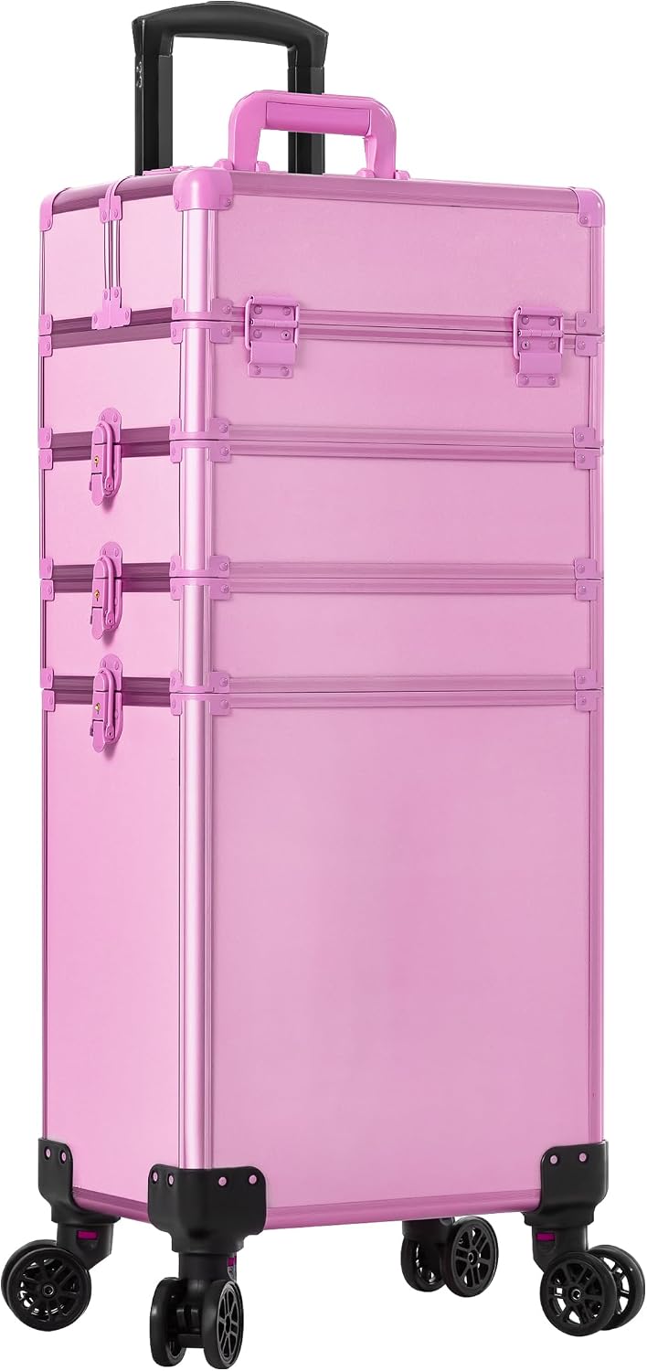 Professional Rolling Makeup Train Case with Lid, 5 in 1 Cosmetology Case on Wheels, Large Cosmetic Trolley Organizer Travel for Hairstylist Artist Nail Beauty Salon Barber, Pink