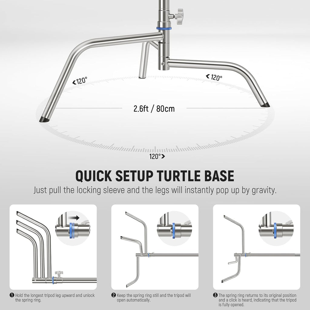 NEEWER 10.5ft Stainless Steel Heavy Duty C Stand with Boom Arm, Quick Setup Base, Thicker Center Rod Max Load 44lb/20kg, Photography Light Stand with 4.2ft Holding Arm for Monolight Softbox, SC320Q