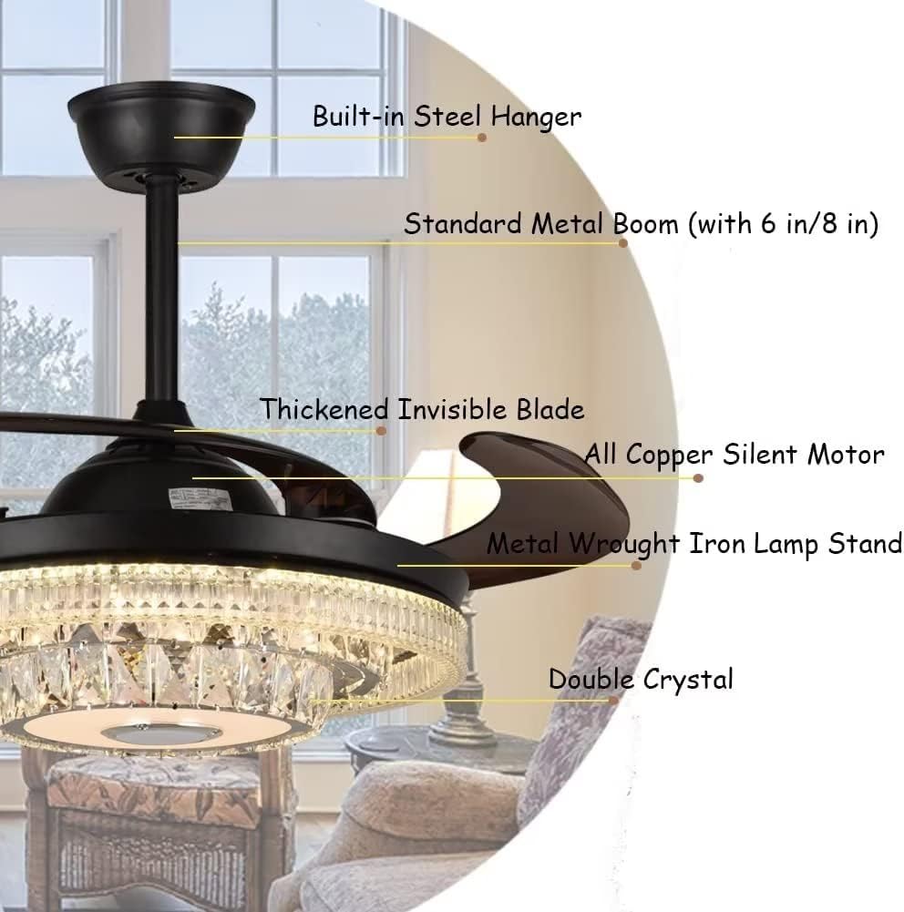 42' Modern Crystal Chandelier Ceiling Fans with Lights Remote Control, Black Rectractable Blade Fandelier with Bluetooth Speaker Forward Reverse 6 Speeds 7 Dimmable for Living Room Bedroom