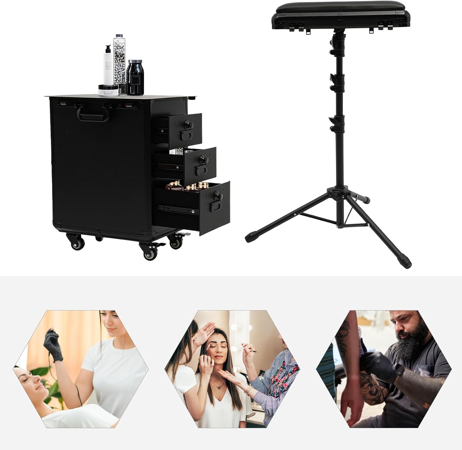 Rolling Makeup Case, Tattoo Trolley Case with Tattoo Armrest Stand & 3 Drawers & Code Lock Portable Travel Case with 4 Universal Wheels Adjustable Tattoo Workstation Tattoo Station Suitcase
