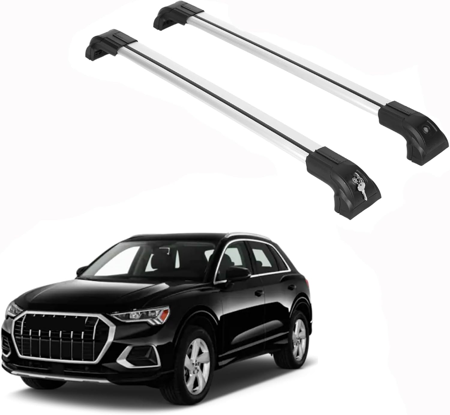 ERKUL Heavy Duty 220lbs Roof Rack Cross Bars for Audi Q3 2019-2025 | Solid Metal Mounts | Aluminum Crossbars with Anti Theft Lock for Rooftop - Compatible with Flush Rails - Silver