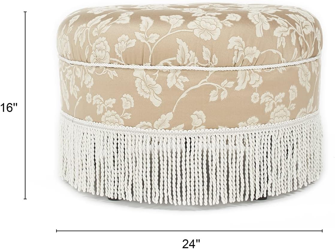 Jennifer Taylor Home Yolanda Collection Traditional Modern Cotton Blend Hand Tufted with Cord and Fringe Round Ottoman, Neutral 24' x 14'