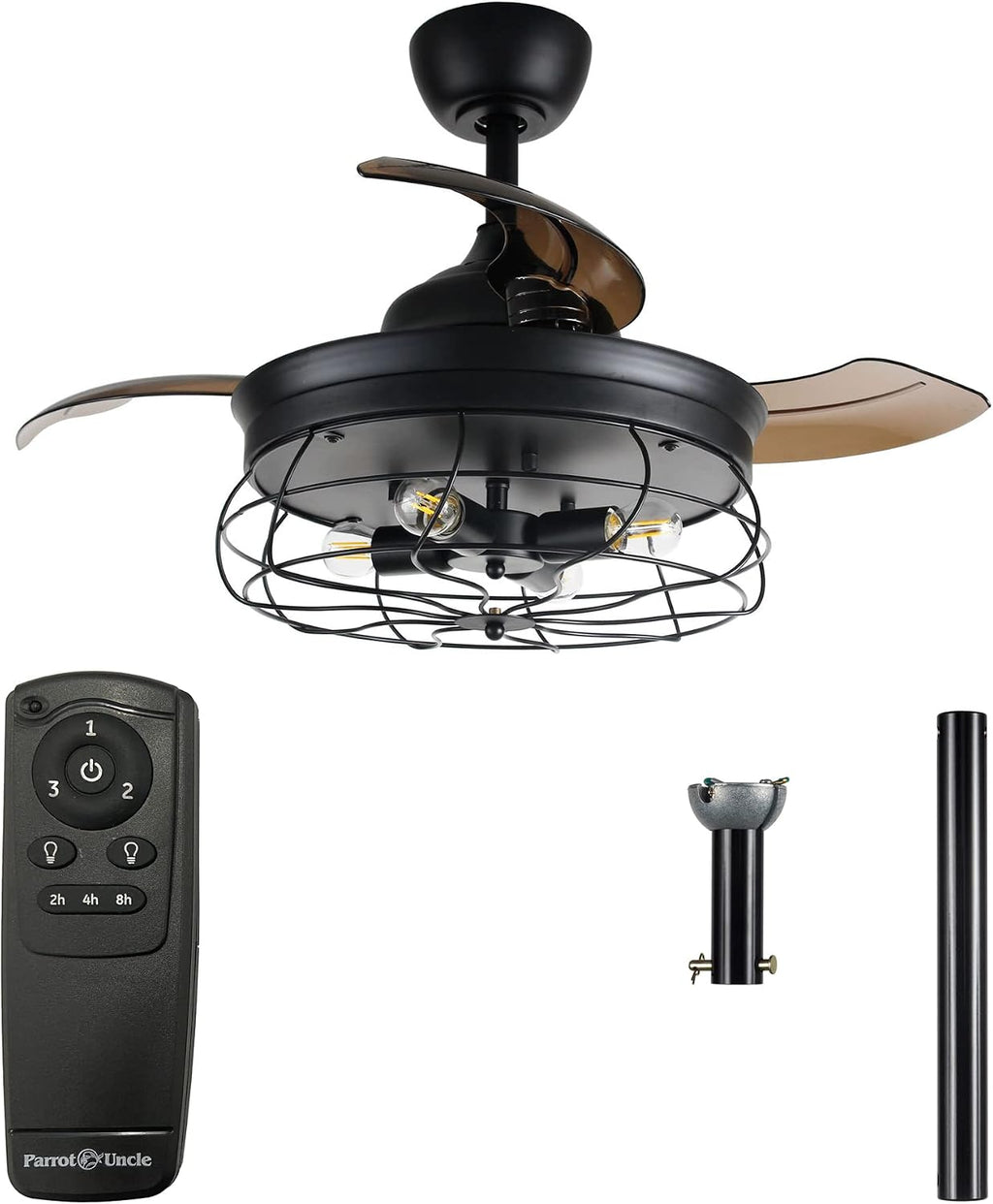 Parrot Uncle Ceiling Fans with Lights and Remote Black Bedroom Ceiling Fan with Light and Retractable Blades, 36 Inch