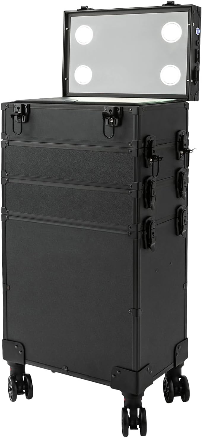 Makeup Train Case, Portable Rolling Trolley Case Makeup Organizer With Lock & Mirror, 5 Tier Large Capacity Makeup Case Organizer With Storage Compartment & 4 LED lights For Make-Up Artists