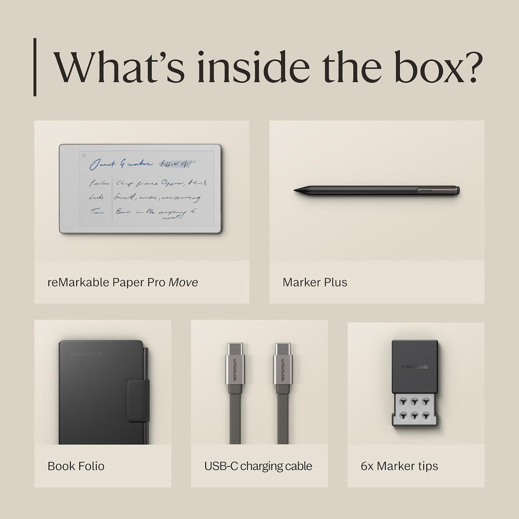 reMarkable Paper Pro Move - Leather Folio Bundle | Ultraportable Color 7.3' Paper Tablet with Marker Plus Pen with Eraser, and a Book Folio Cover in Black Leather