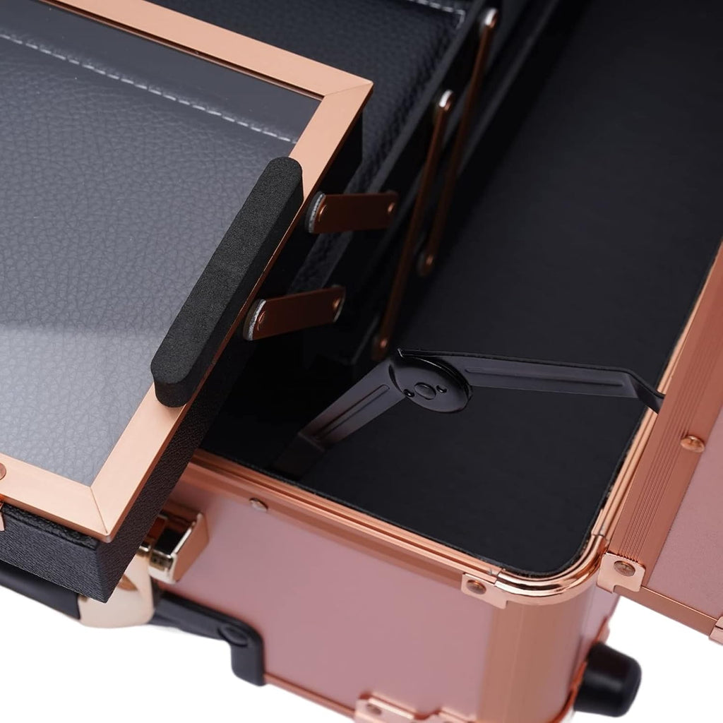 3-Tiers Rolling Makeup Train Case, Professional Makeup Train Case With Wheels Trolley Salon Barber Cosmetic Train Trolley w/LED LIght & Keys & Mirror for Make Up Hairstylists Nail Tech (Rose Gold)