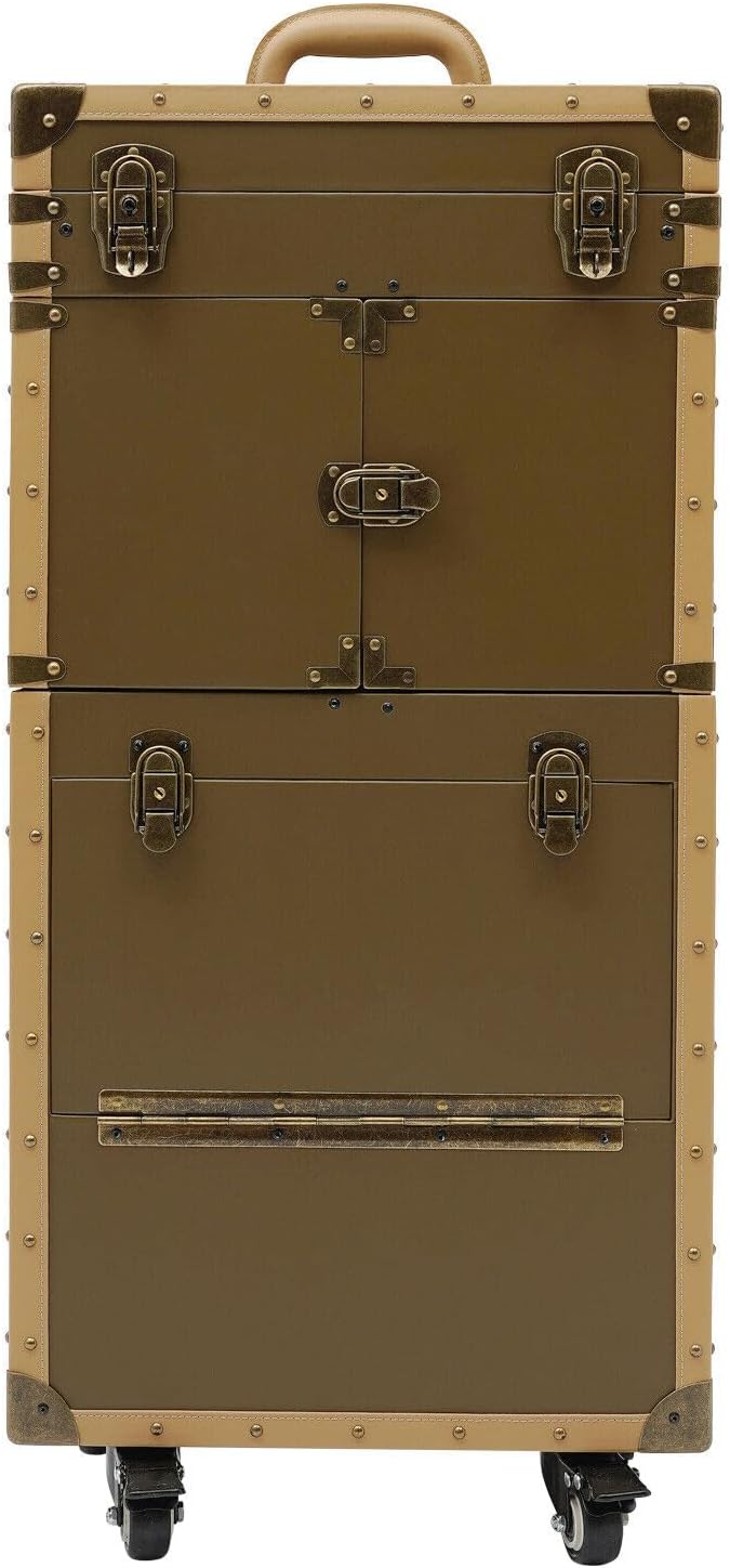 Rolling Makeup Case, Cosmetic Organizer Trolley Train Case with Keys, Large Storage Swivel Wheels Salon Barber Traveling Trunk for Make Up Hairstylists Nail Tech (Gold with 2Keys)