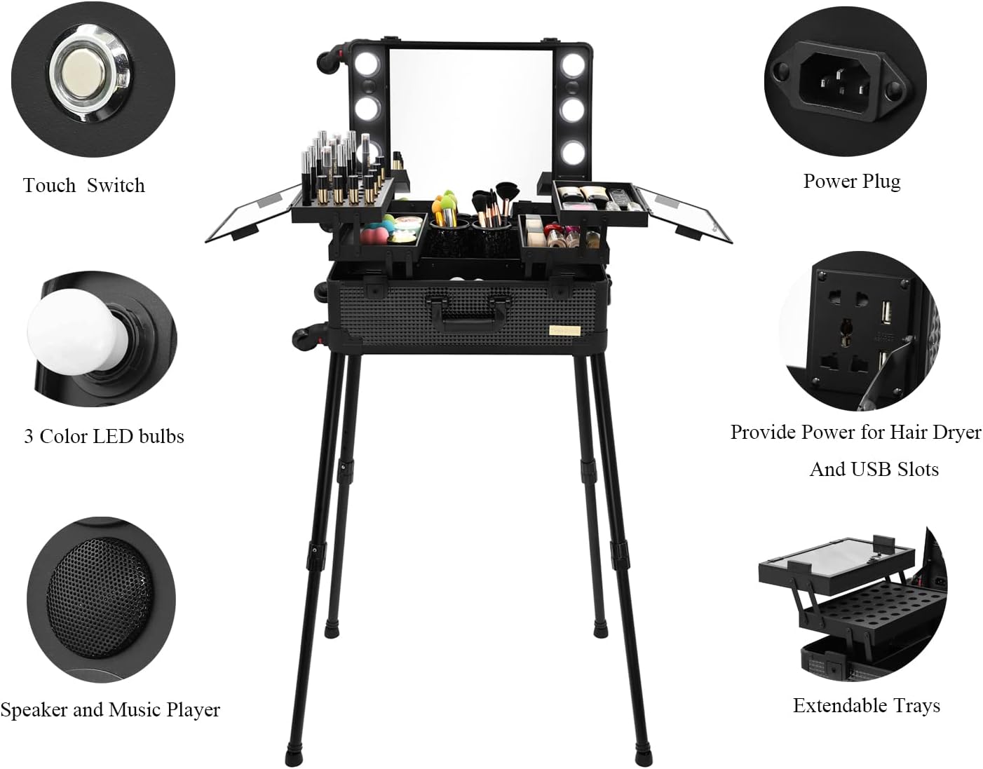 Aluminum Trolley Makeup Train Case with LED Lights Professional Cosmetic Organizer Studio with Speaker, Wheels and Stands Rolling Lighted Makeup Vanity Station for Travel (Black)