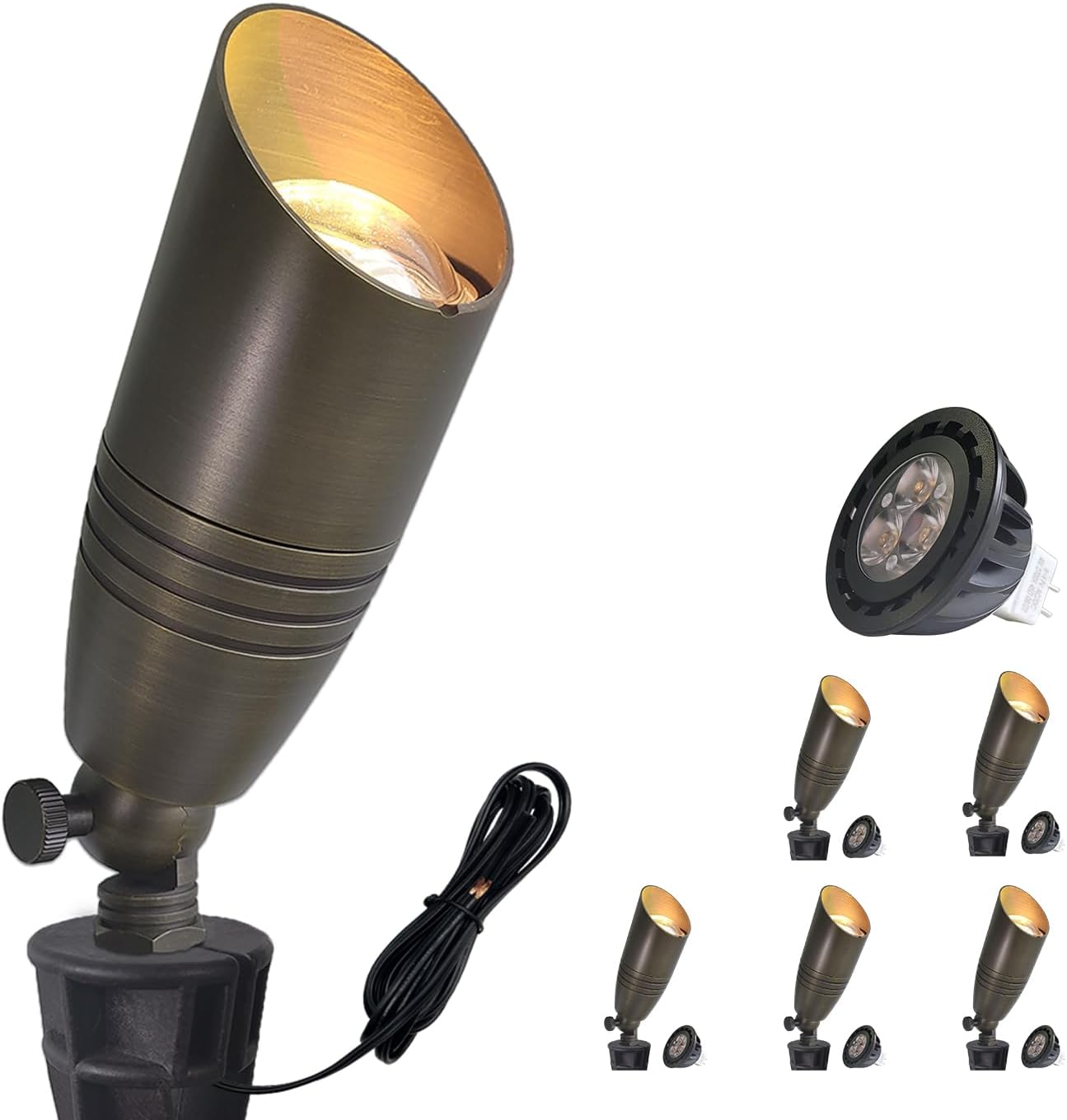 COLOER Brass Landscape Spotlights, 6 Pack Landscape Light Fixture with 5W Aluminum Housing MR16 LED Bulb 2700K 450LM,12V AC/DC Low Voltage Outdoor Spot Lighting,Uplight for Garden and Patio(102B)