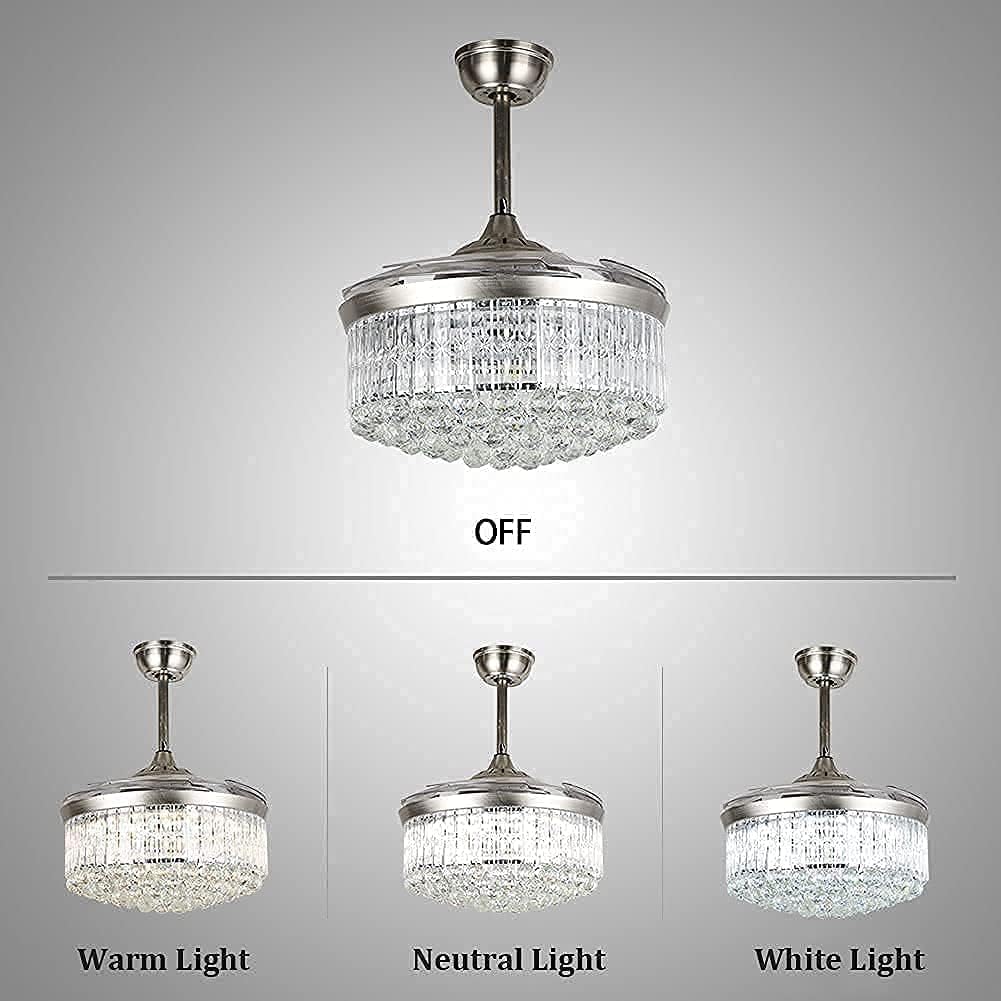 42' Modern Fandelier Retractable Ceiling Fan with Light Remote Control Crystal Chandelier Fan with 3 Color Changes 3 Fan Speeds Silent LED Ceiling Fan for Dining Living Room Bedroom