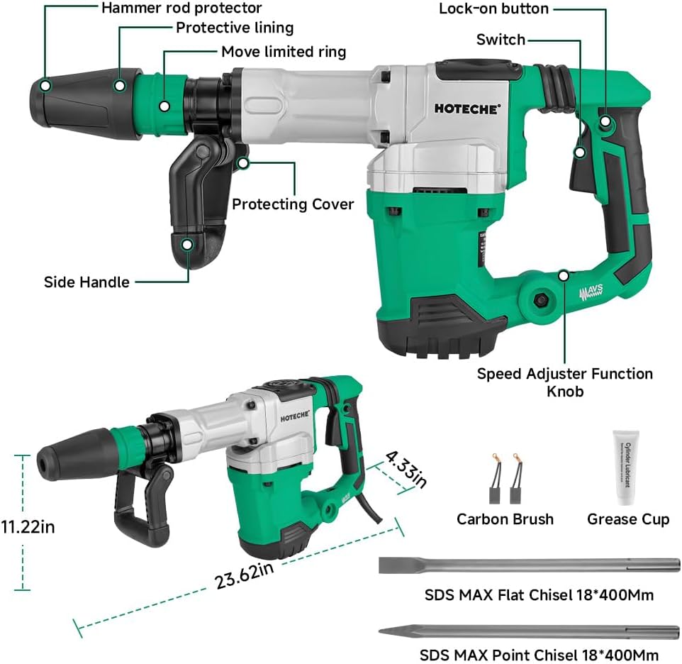 Hoteche 1500W SDS Max Electric Demolition Jack Hammer for Concrete Drilling with Drill Bit, Chisel and Carrying Case