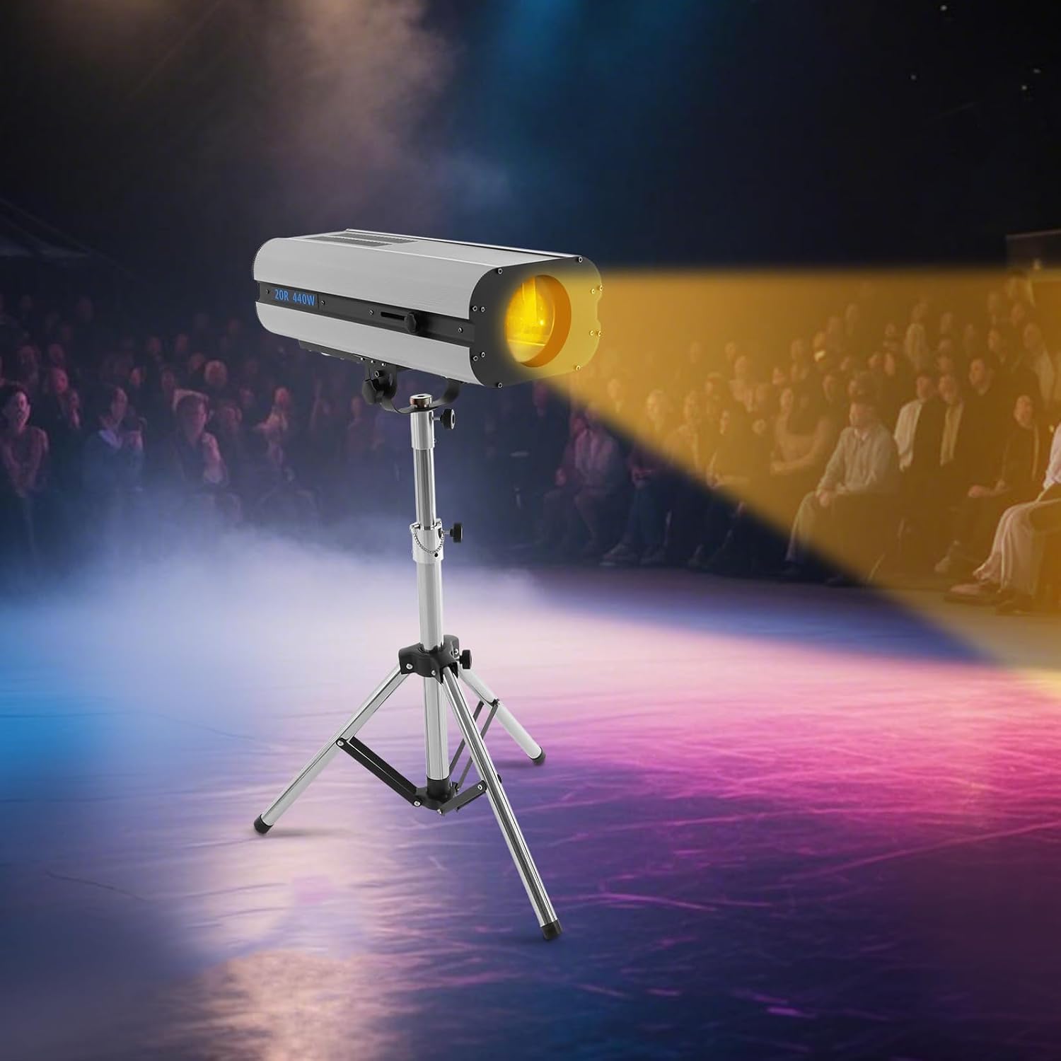 440W Stage Spotlight Withtripod Stand, LED Stage Light DMX and Manual Control, Adjustable Aperture Color Temperature 328.08-393.7ft Beam Distance, Follow Spotlight for Theatres, Parties