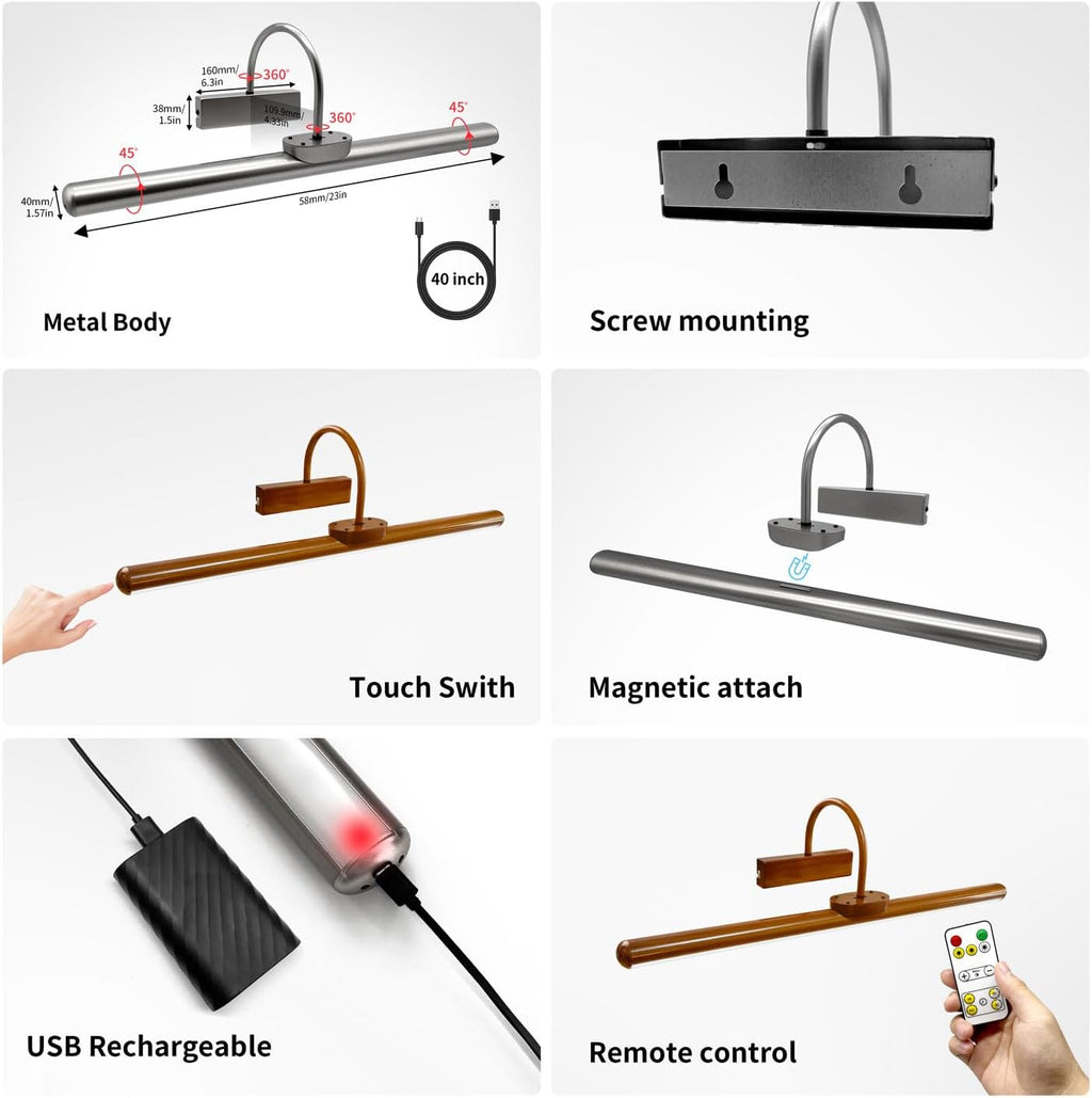 23' Wireless Picture Lights, Rechargeable Battery Art Display Light with Remote Control, Dimmable/Timer Off Dartboard Light, 3 Lighting Modes Full Metal Painting Display Lamp (Woodgrain-2Pack)
