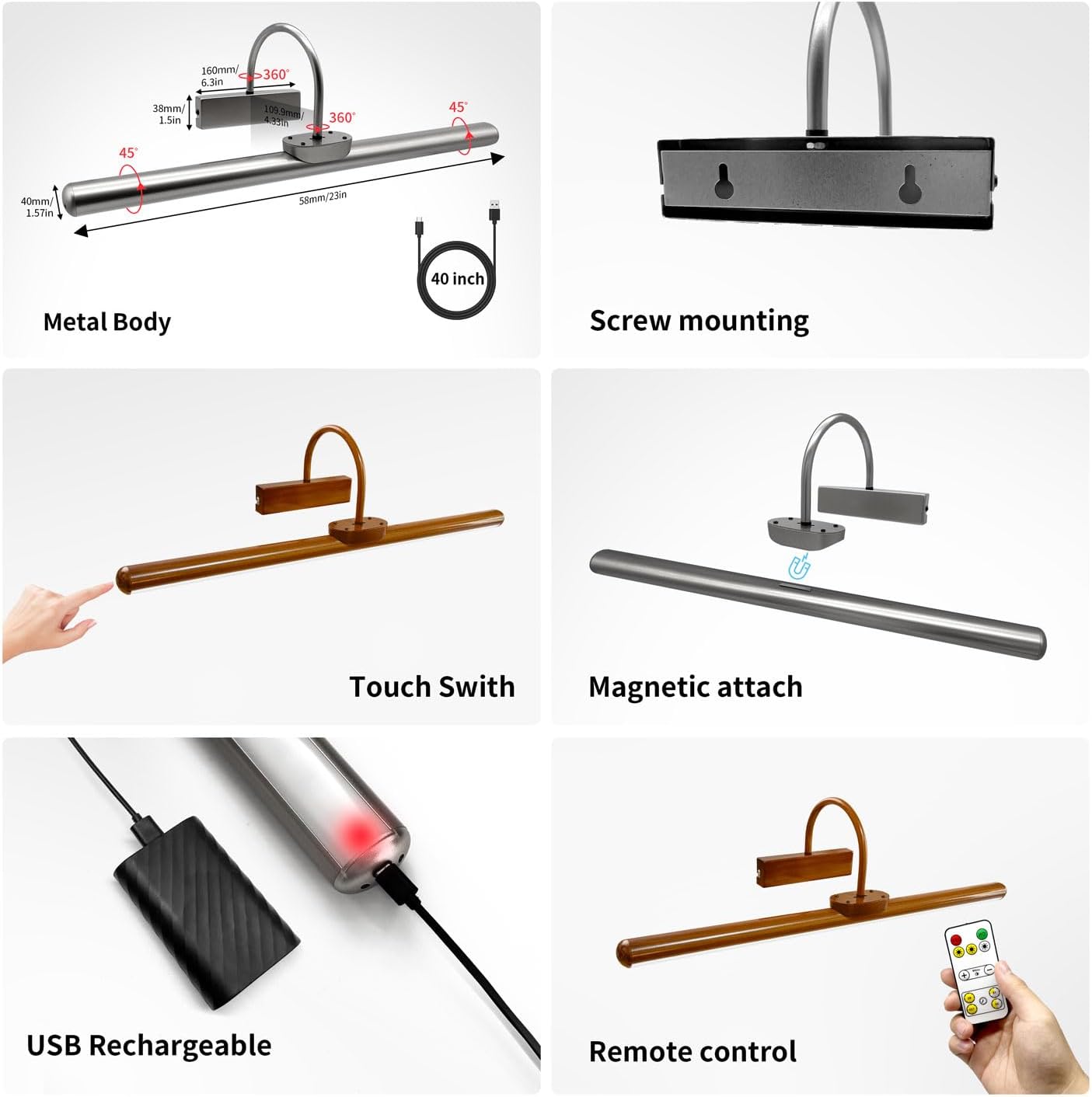23' Wireless Picture Lights, Rechargeable Battery Art Display Light with Remote Control, Dimmable/Timer Off Dartboard Light, 3 Lighting Modes Full Metal Painting Display Lamp (Woodgrain-2Pack)