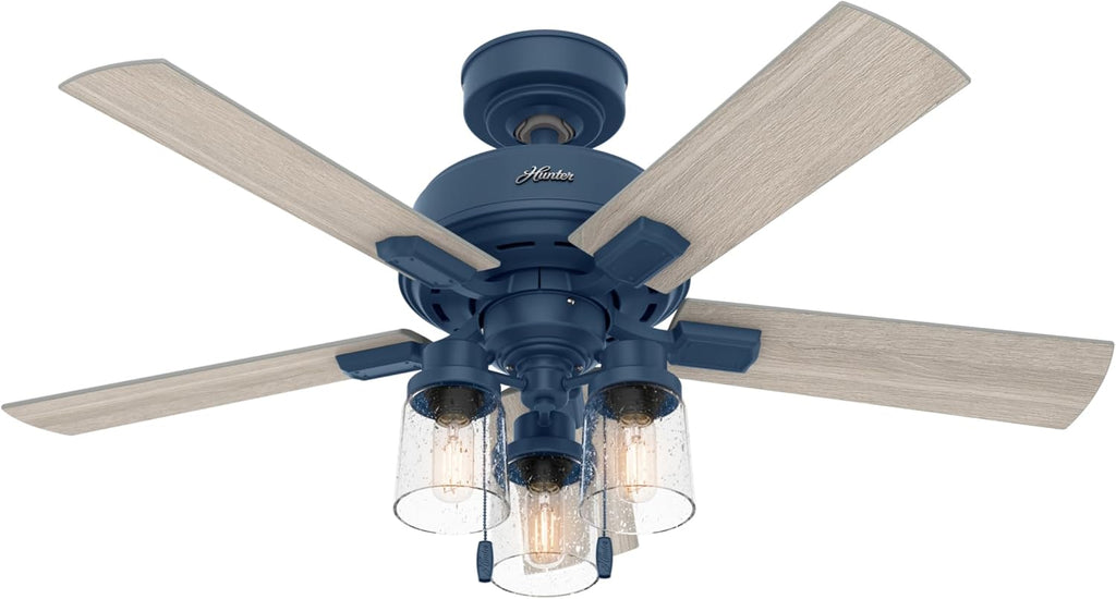 Hunter 44 inch Indoor Ceiling Fan with LED Lights - Ceiling Fan with Pull Chain, For Bedroom, Living Room, or Kitchen, Standard Mount, No Remote, 5 Blades - Hartland 50328, Indigo Blue
