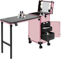 Professional Rolling Makeup Case, Foldable Nail Tables with Detachable Lighted Mirror, Travel Cosmetic Trolley Storage Organizer with Drawers & Bluetooth Speaker, Manicure for Artist (Black, Pink)
