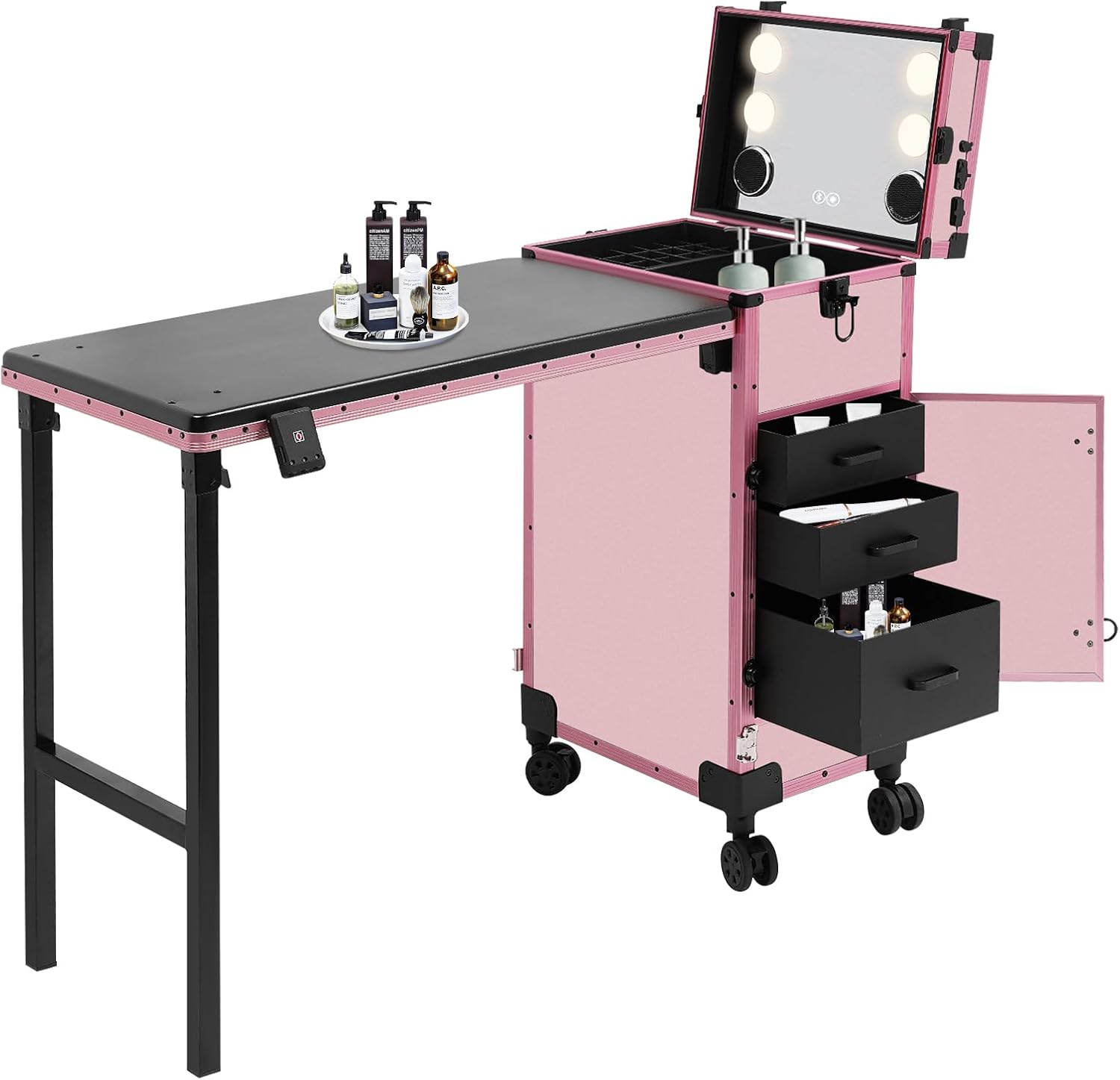 Professional Rolling Makeup Case, Foldable Nail Tables with Detachable Lighted Mirror, Travel Cosmetic Trolley Storage Organizer with Drawers & Bluetooth Speaker, Manicure for Artist (Black, Pink)