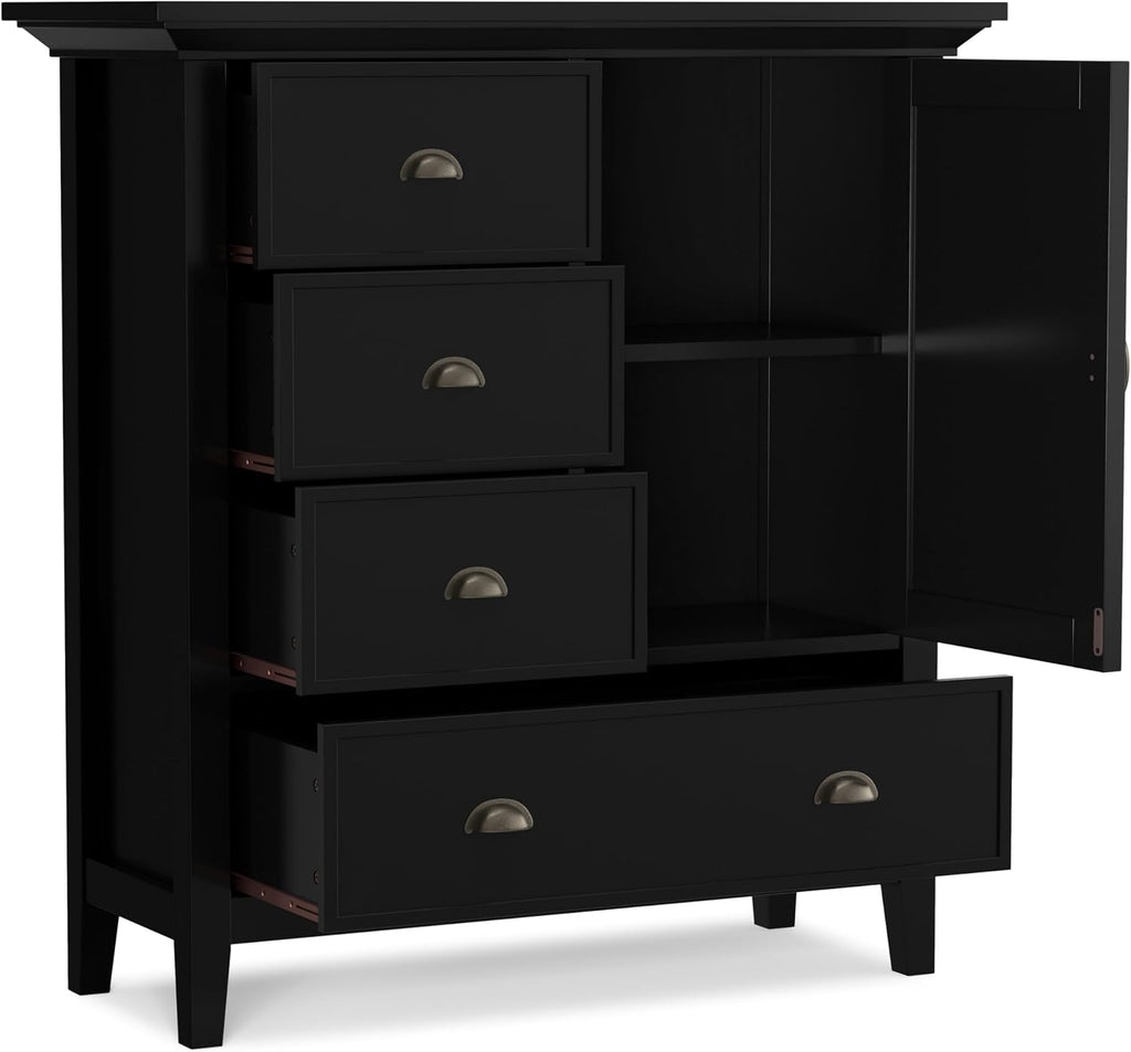 SIMPLIHOME Redmond Storage Cabinet - 39 inch Wide Solid Wood Medium Storage Cabinet in Black, Transitional Accent Cabinet for Entryway or Living Room with 4 Drawers and Cabinet Storage