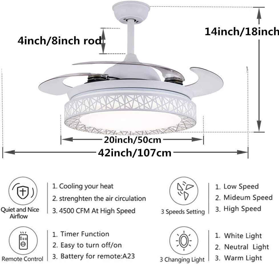 Fandian 42 Inch Modern Ceiling Fans with Light Retractable Blades LED Ceiling Fan 3 Color Change Lighting Chandelier with Remote Control (White)
