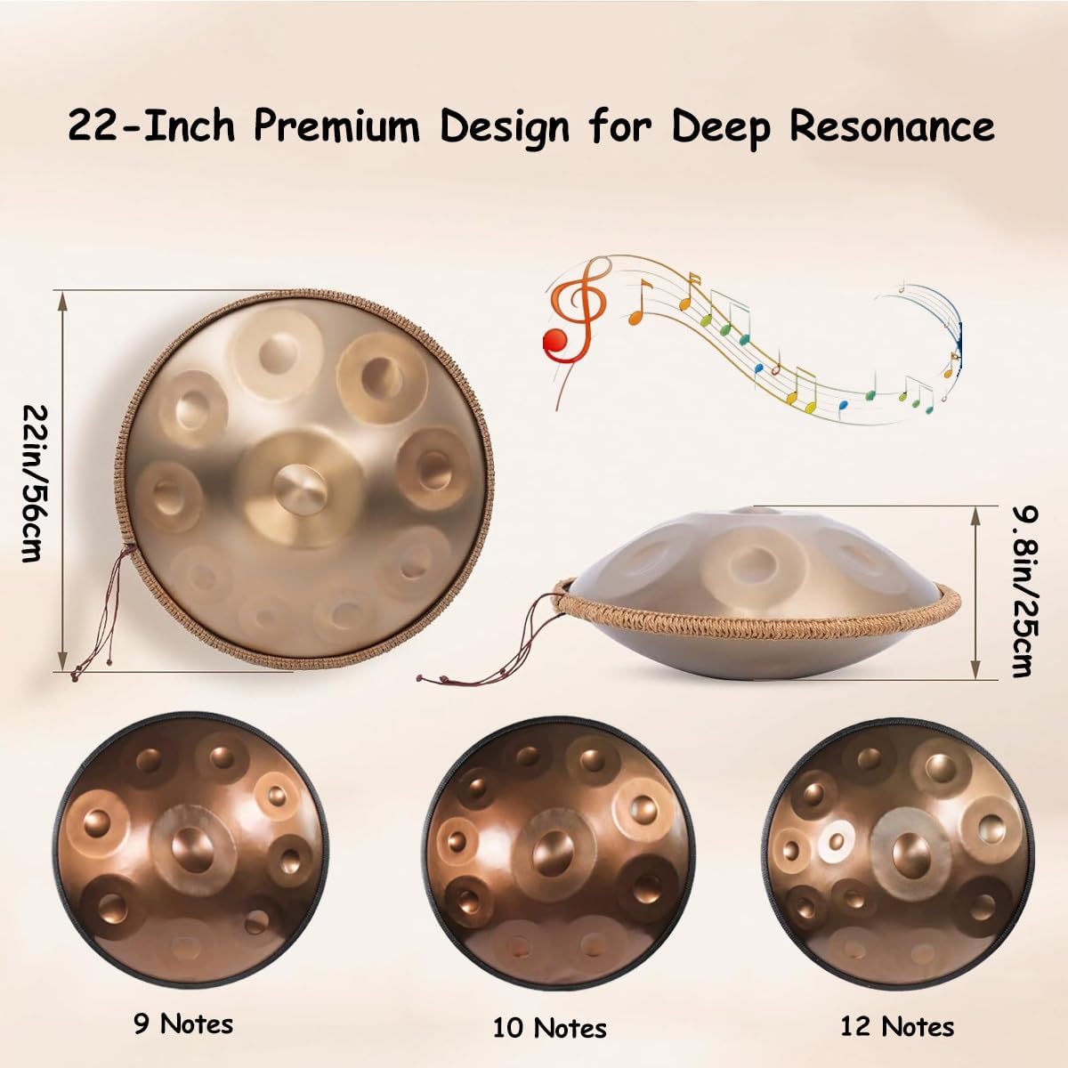 Hand Drum Instrument Percussion Steel Drums Kit W/Drum Mallets Note Stickers Carrying Case Stand 432HZ 22 Inches 9/10/12 Notes D Minor Kurd Handpan Sound Healing(Black,9)