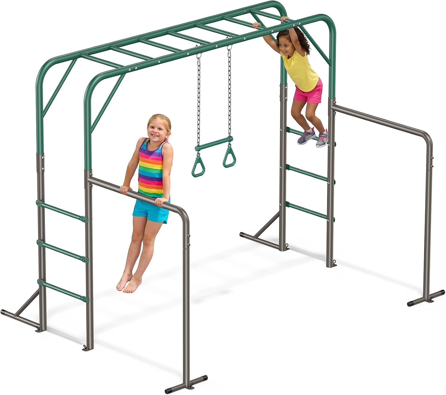 Hapfan Monkey Bars with Gymnastics Bars and Trapeze Swing, 400lbs Heavy Duty Metal Monkey Bar Set for Backyard, Weather-Resistant 3-in-1Outdoor Playset, Space-Smart Design
